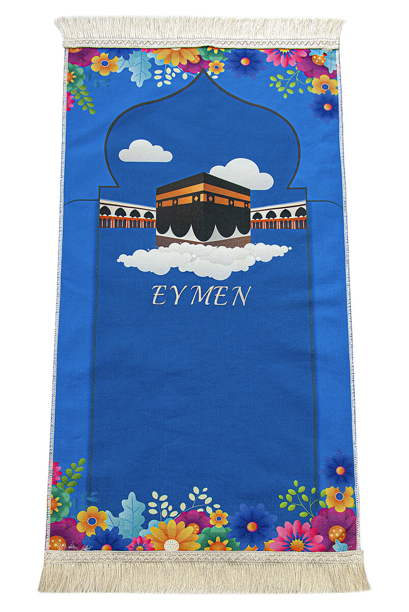 Kaaba Themed Children's Prayer Mat with Custom Embroidery, Blue - 1