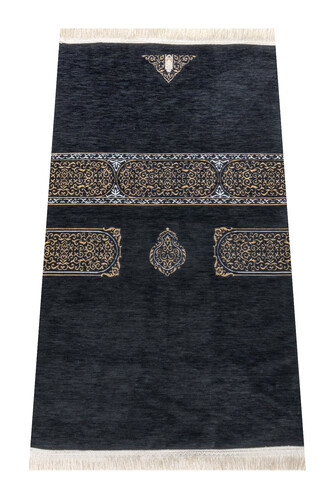 Kaaba Cover Patterned Chenille Prayer Rug - Black Color - 1