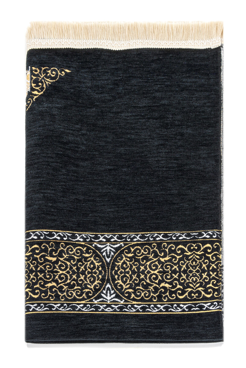 Kaaba Cover Patterned Chenille Prayer Rug - Black Color - 3