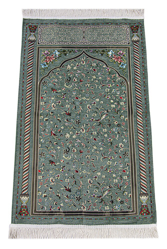 Khaki Floral Ravza Patterned Lined Chenille Prayer Rug - 1