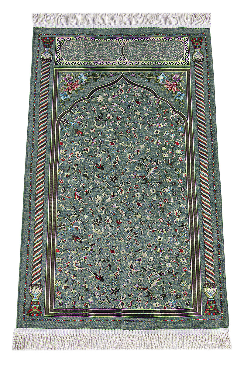 Khaki Floral Ravza Patterned Lined Chenille Prayer Rug - 1