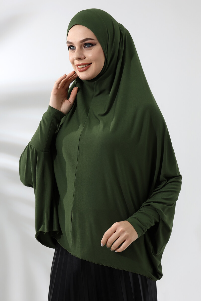 Khaki Ready Practical Sultanbaş Hijab Sleeve Combed Cotton Soufflé Scarf Hijab - 5