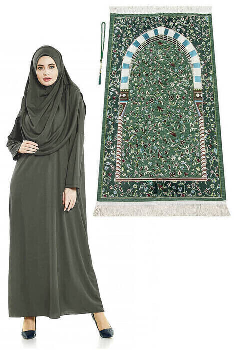 Khaki Prayer Dress - Ravza Motif Prayer Rug and Rosary - Worship Set - 1