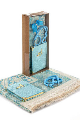 Kraft Boxed Prayer Rug Set - Velvet Covered Yasin - Prayer Rug - Rosary - Blue Color - 1