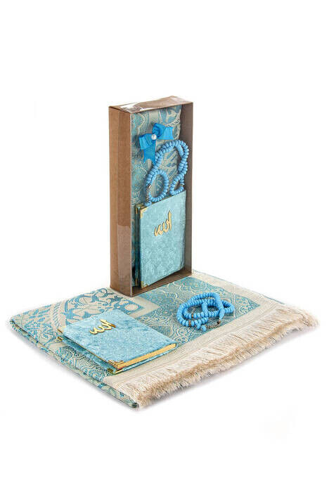 Kraft Boxed Prayer Rug Set - Velvet Covered Yasin - Prayer Rug - Rosary - Blue Color - 2