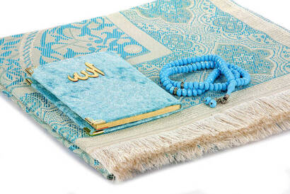 Kraft Boxed Prayer Rug Set - Velvet Covered Yasin - Prayer Rug - Rosary - Blue Color - 3