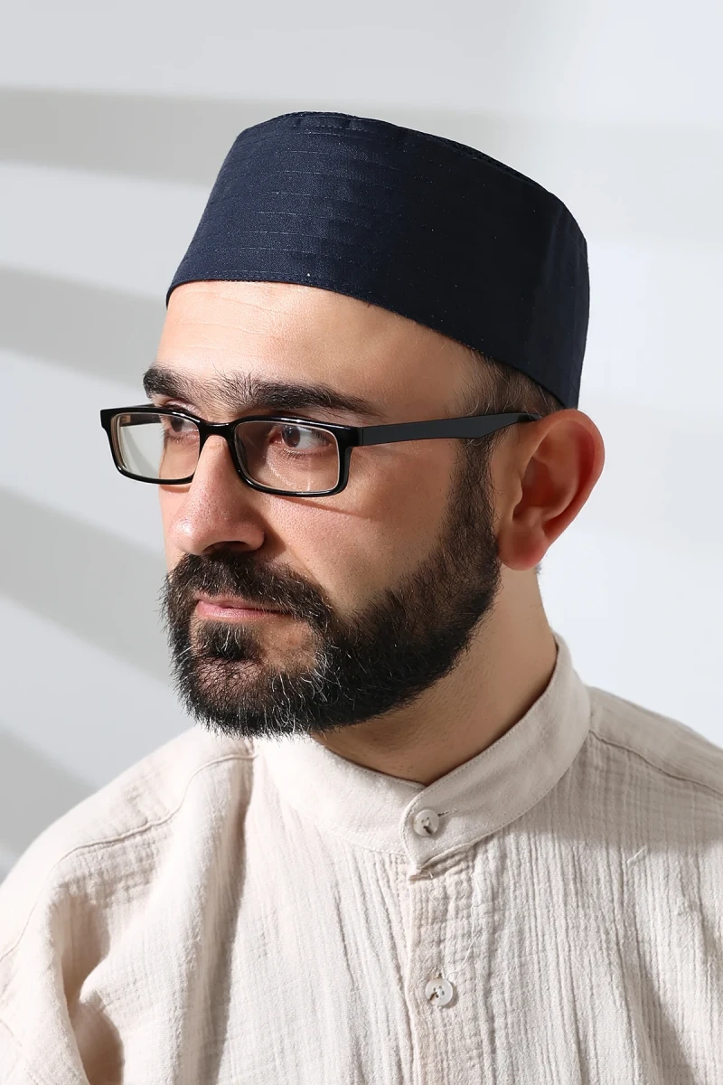 Lacivert Fileli Kumaş Kalıp Namaz Takkesi - 1