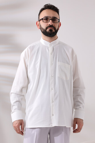 Light Cream Men's Loose Cut Single Pocket Judge Collar Hajj and Umrah Linen Shirt - 1