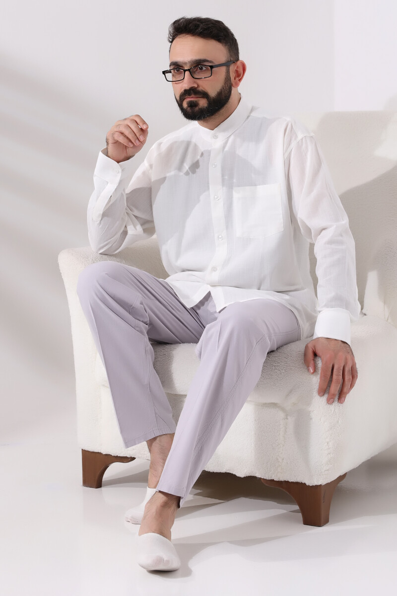 Light Cream Men's Loose Cut Single Pocket Judge Collar Hajj and Umrah Linen Shirt - 3