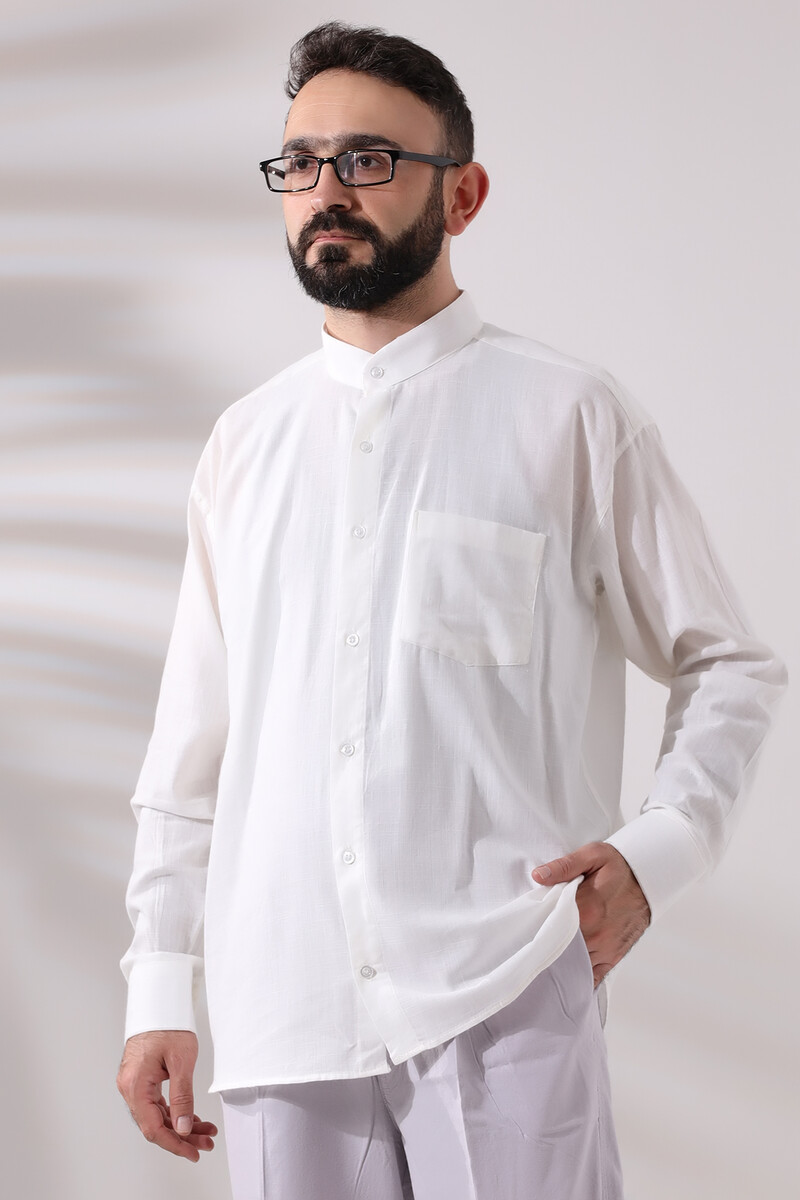 Light Cream Men's Loose Cut Single Pocket Judge Collar Hajj and Umrah Linen Shirt - 4