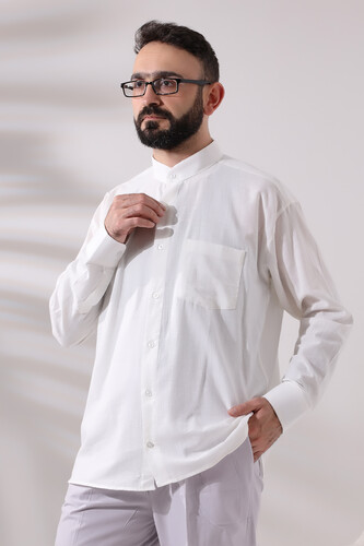 Light Cream Men's Loose Cut Single Pocket Judge Collar Hajj and Umrah Linen Shirt - 6