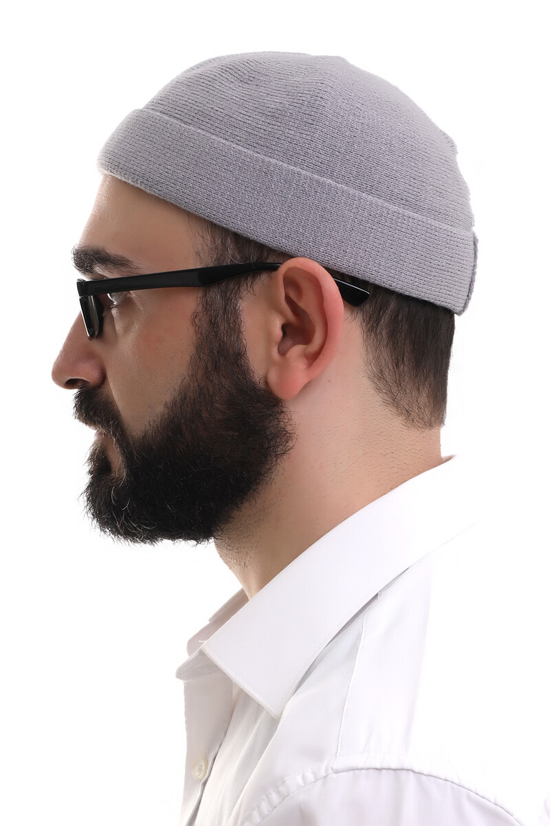 Light Gray Folded Plain Pattern Winter Orlon Skullcap Hat - 4