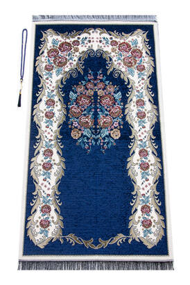 Lux Gülce Chenille Prayer Rug Navy Blue Rosary With Gift - 1