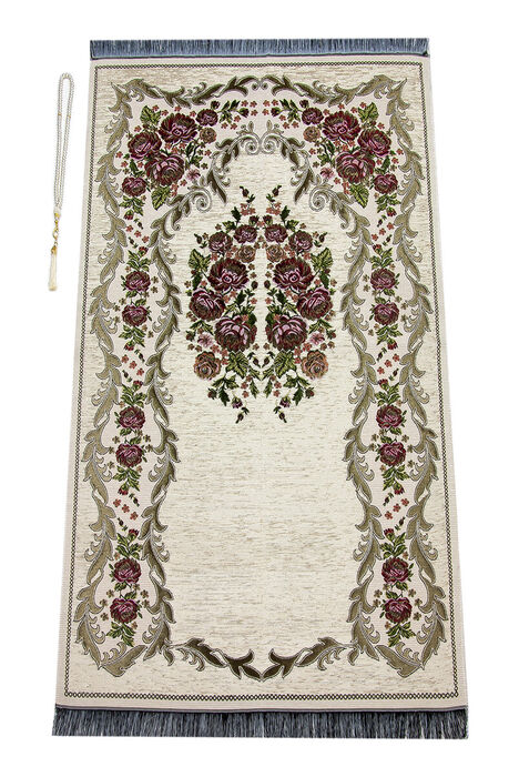 Luxurious Gülce Chenille Prayer Rug Cream Rosary with Gift - 1