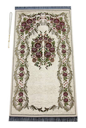 Luxurious Gülce Chenille Prayer Rug Cream Rosary with Gift - 4