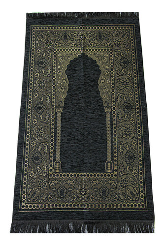 Luxury Mihrab Thick Velvet Prayer Rug Black - 1