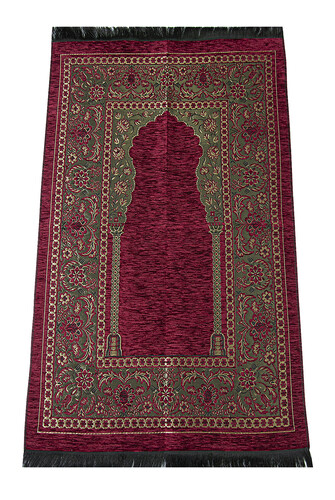 Luxury Mihrab Thick Velvet Prayer Rug Burgundy - 1