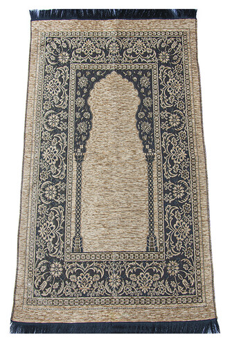 Luxury Mihrab Thick Velvet Prayer Rug Dark Cream - 1