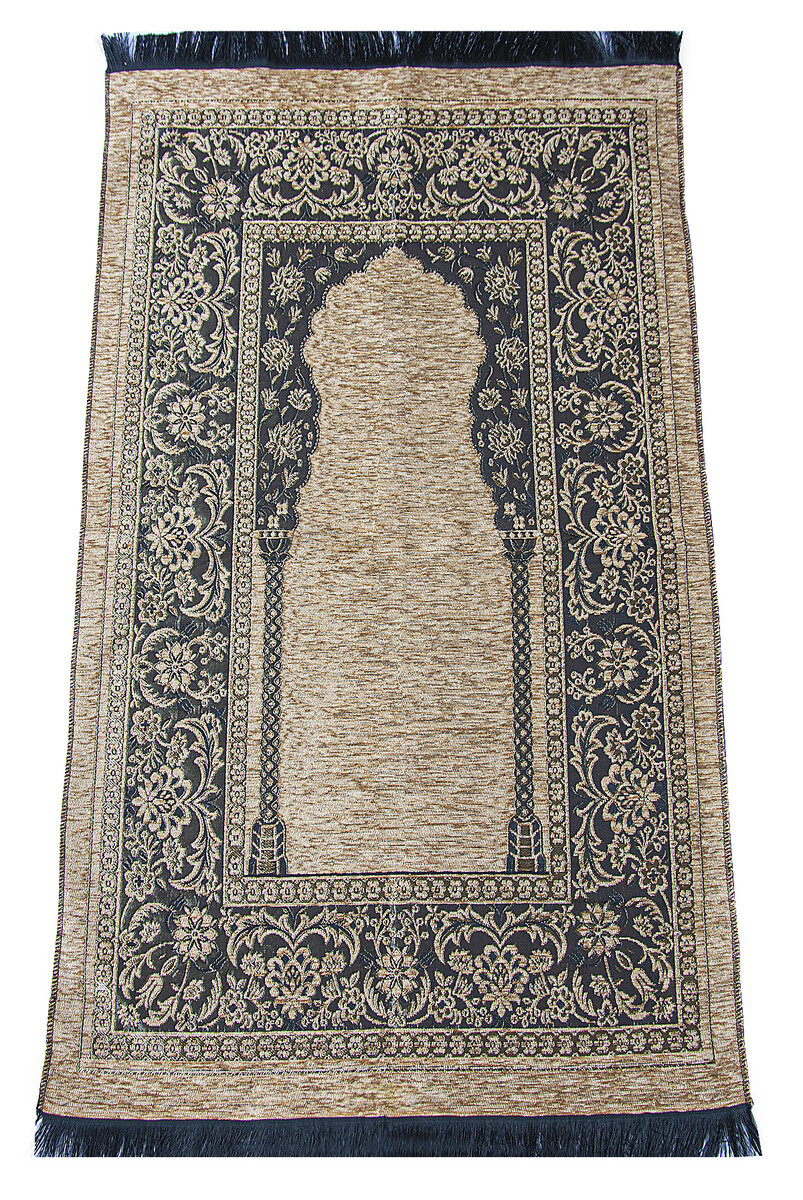 Luxury Mihrab Thick Velvet Prayer Rug Dark Cream - 1