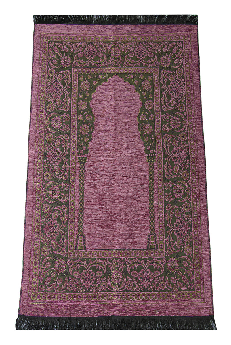 Luxury Thick Chenille Prayer Rug with Mihrab Dark Pink - 1