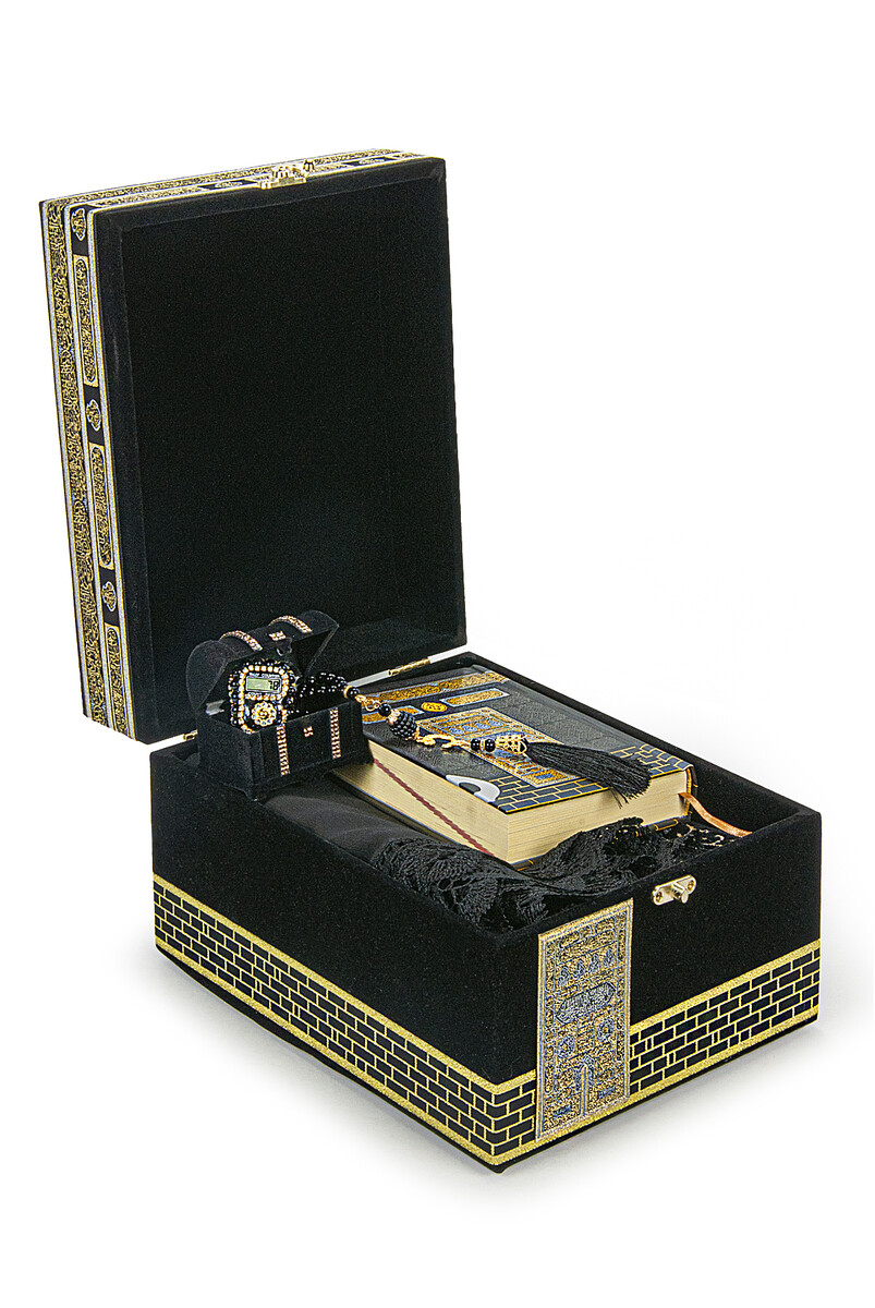 Luxury Velvet Covered Kaaba Boxed Scarf Rosary Dhikirmatik Koran Kerim and Prayer Rug Set - 2