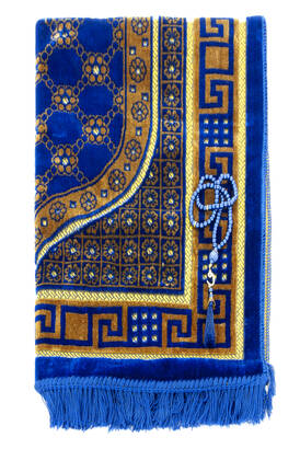 Luxury Velvet Shipinger Prayer Rug Rosary Gift Navy Blue - 2