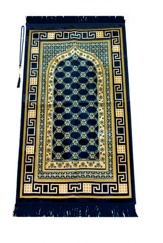 Luxury Velvet Şinginger Prayer Rug with Rosary Gift Dark Navy Blue - 1