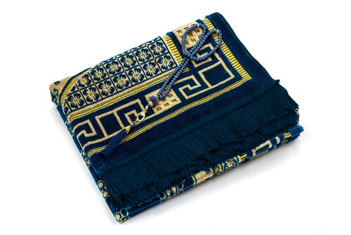 Luxury Velvet Şinginger Prayer Rug with Rosary Gift Dark Navy Blue - 2