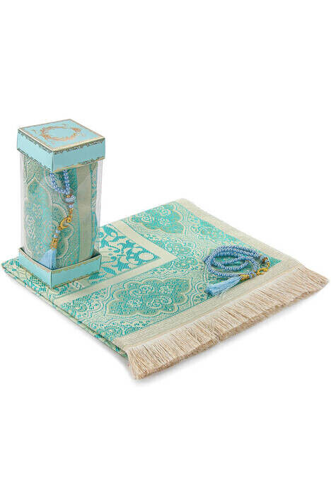 Luxury Taffeta Prayer Rug - Pearl Rosary - Windowed Boxed Mevlid Gift Set Blue Color - 1