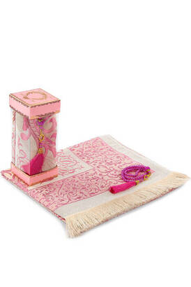 Luxury Taffeta Prayer Rug - Pearl Rosary - Windowed Boxed Mevlid Gift Set Pink Color - 1