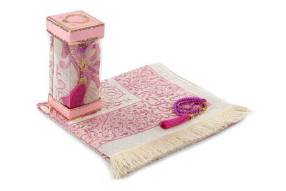 Luxury Taffeta Prayer Rug - Pearl Rosary - Windowed Boxed Mevlid Gift Set Pink Color - 2