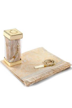 Luxury Tafta Prayer Mat - Pearl Rosary - Glass Boxed Mevlid Gift Set Cream Color - 1