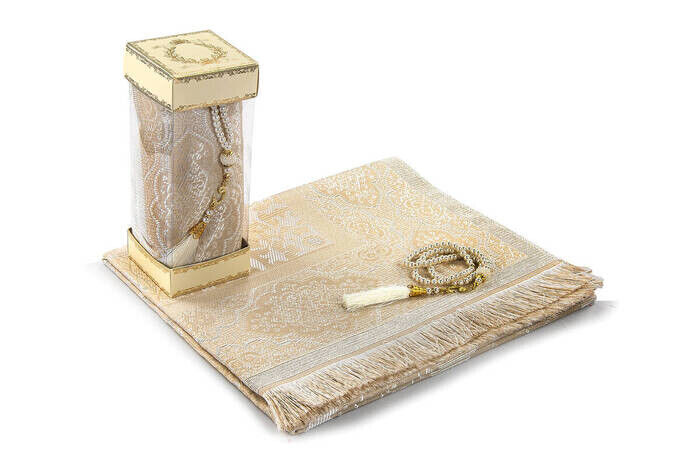 Luxury Tafta Prayer Mat - Pearl Rosary - Glass Boxed Mevlid Gift Set Cream Color - 2