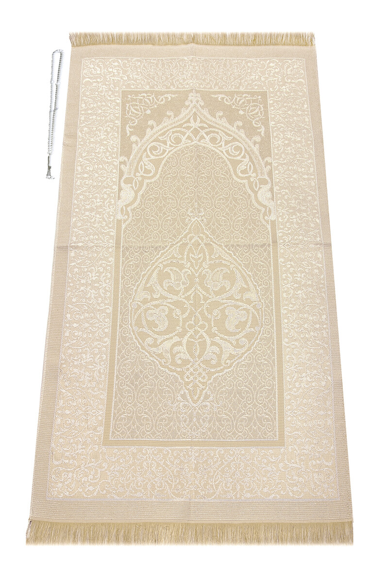 Luxury Tafta Prayer Mat - Pearl Rosary - Glass Boxed Mevlid Gift Set Cream Color - 3