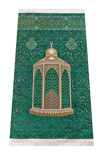 Makamı İbrahim Model Ultra Luxurious Green Color Chenille Prayer Rug 20 - 1