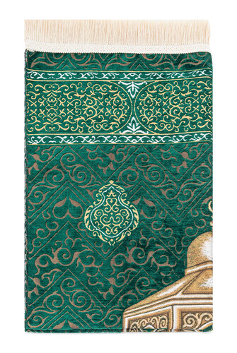 Makamı İbrahim Model Ultra Luxurious Green Color Chenille Prayer Rug 20 - 2