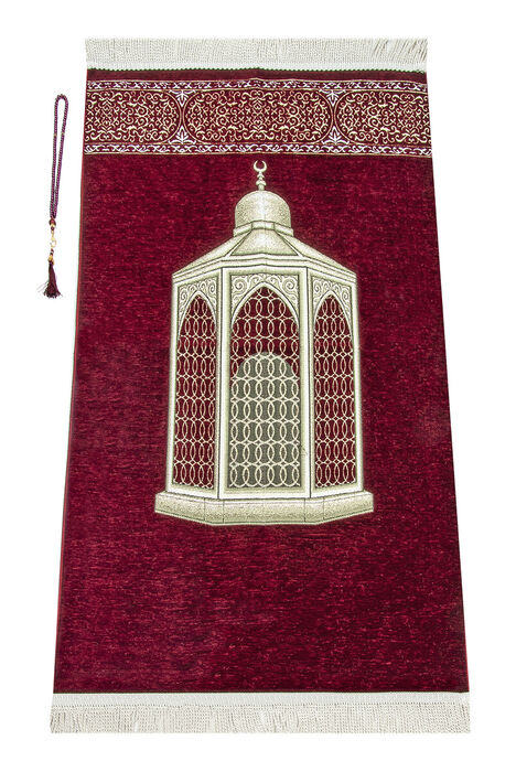 Makamı İbrahim Patterned Luxurious Chenille Prayer Rug - Claret Red - 1