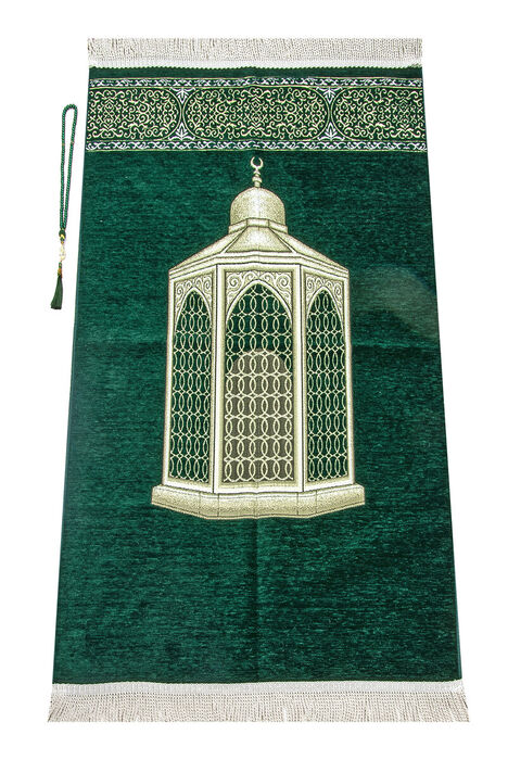 Makamı İbrahim Patterned Luxurious Chenille Prayer Rug - Green - 1