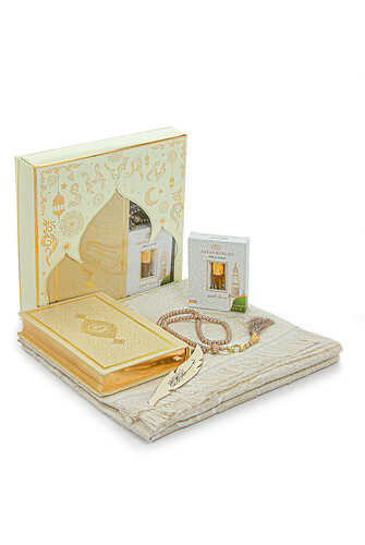 Medina Calligraphy Quran and Dowry Prayer Rug Set Cream, Suitable for the Bride's Package - 1