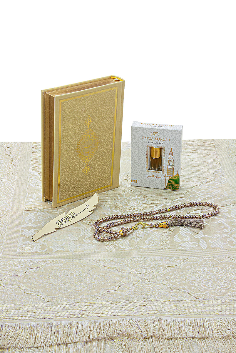 Medina Calligraphy Quran and Dowry Prayer Rug Set Cream, Suitable for the Bride's Package - 3