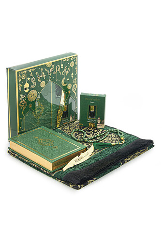 Medina Calligraphy Quran and Dowry Prayer Rug Set Green, Suitable for the Groom's Package - 1