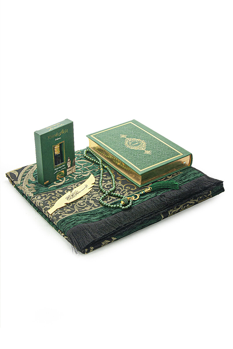 Medina Calligraphy Quran and Dowry Prayer Rug Set Green, Suitable for the Groom's Package - 3