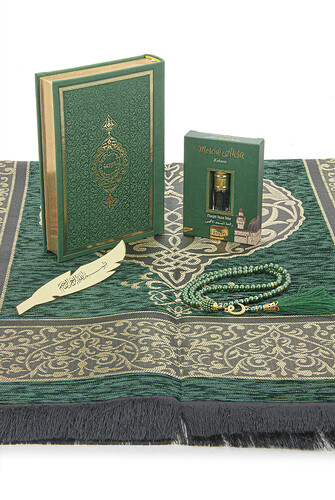 Medina Calligraphy Quran and Dowry Prayer Rug Set Green, Suitable for the Groom's Package - 4