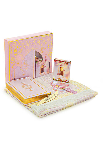 Medina Calligraphy Quran and Dowry Prayer Rug Set Pink, Suitable for the Bride's Package - 1