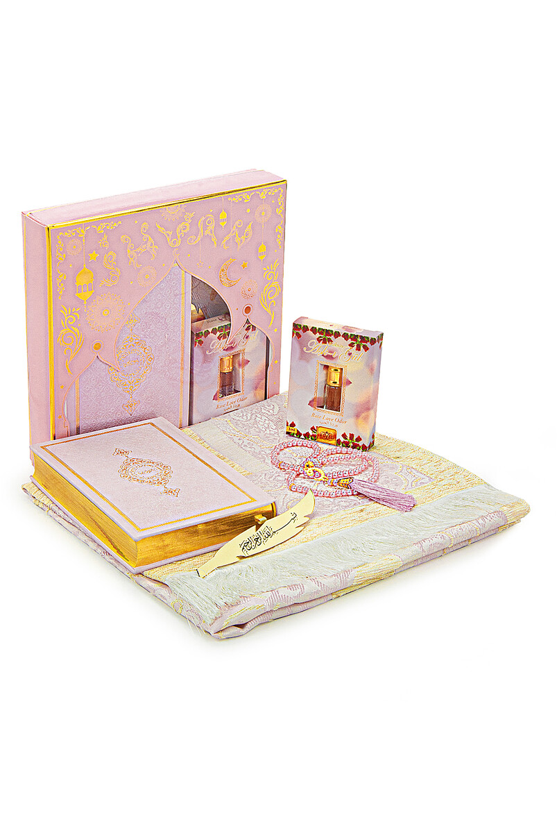 Medina Calligraphy Quran and Dowry Prayer Rug Set Pink, Suitable for the Bride's Package - 1