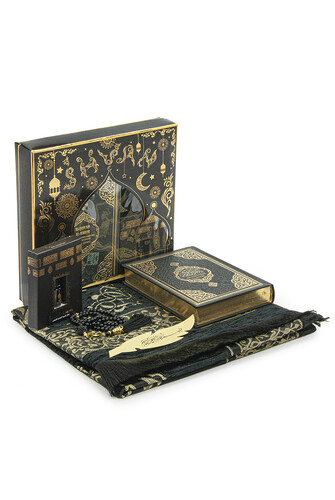 Medina Calligraphy Quran with German Meaning and Prayer Rug Set Black - 1