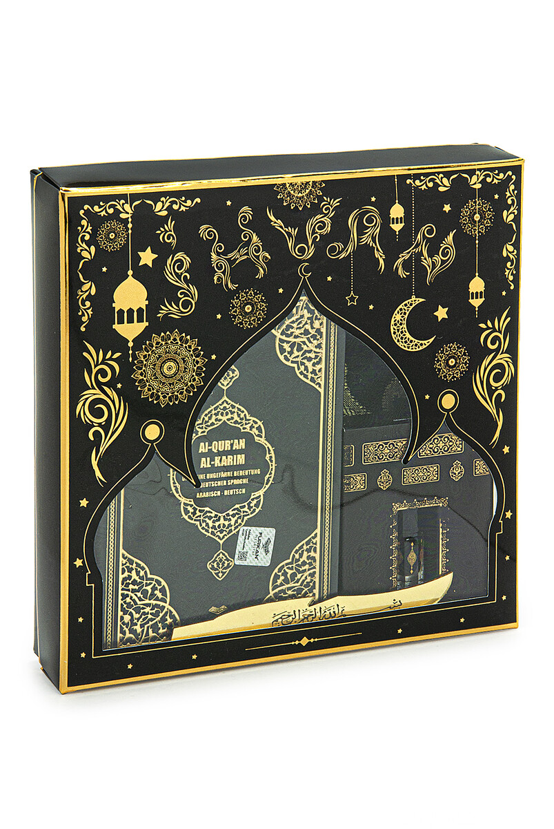 Medina Calligraphy Quran with German Meaning and Prayer Rug Set Black - 2