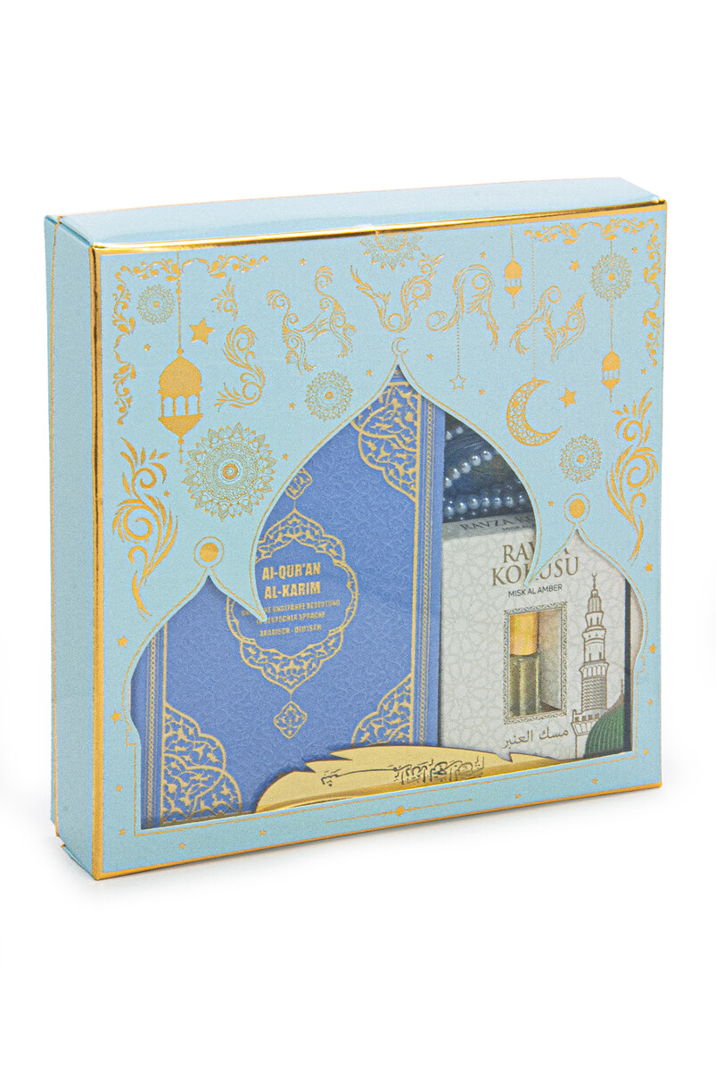 Medina Calligraphy Quran with German Meaning and Prayer Rug Set Blue - 2