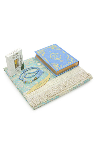 Medina Calligraphy Quran with German Meaning and Prayer Rug Set Blue - 3