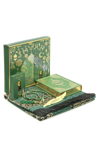 Medina Calligraphy Quran with German Meaning and Prayer Rug Set Green - 1